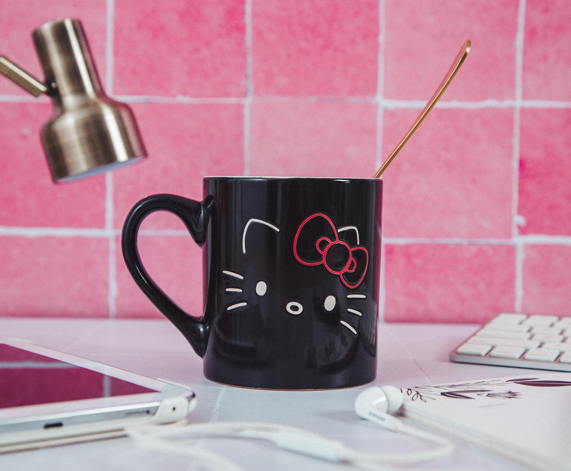 Sanrio Hello Kitty Black Outline Wax Resist Ceramic Mug | Holds 14 Ounces