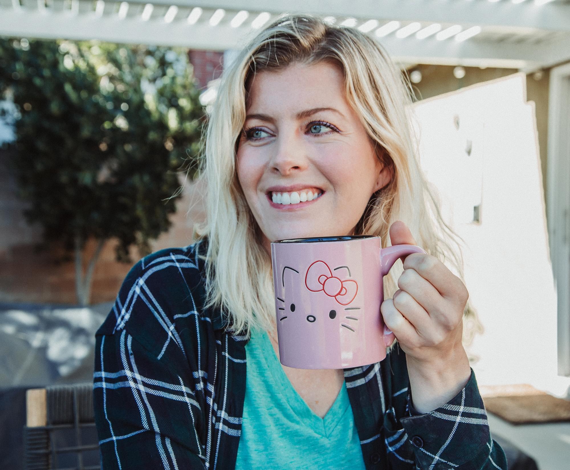 Sanrio Hello Kitty Pink Outline Face Wax Resist Ceramic Mug | Holds 14 Ounces