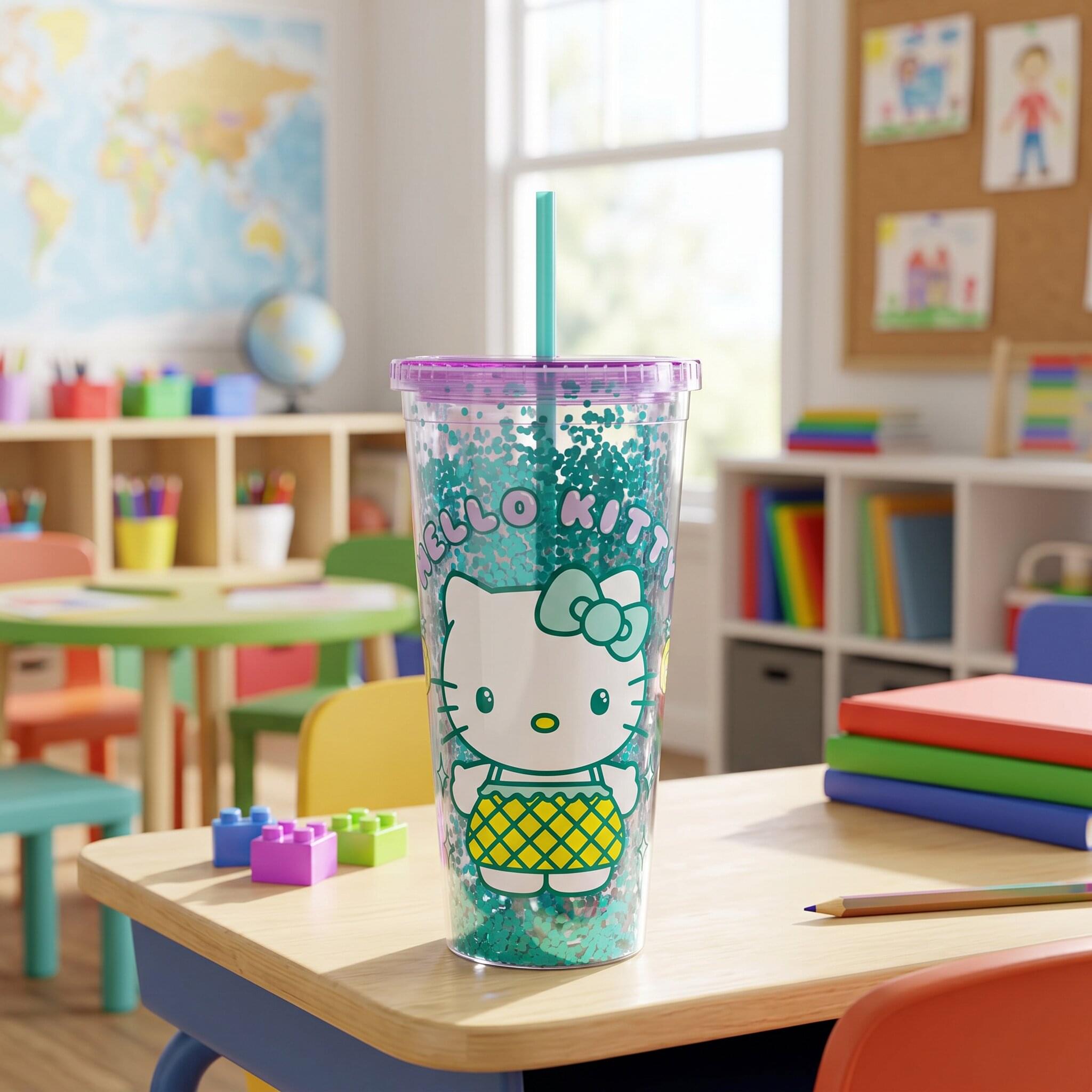 Sanrio Hello Kitty Pineapple 32-Ounce Glitter Carnival Cup With Lid and Straw