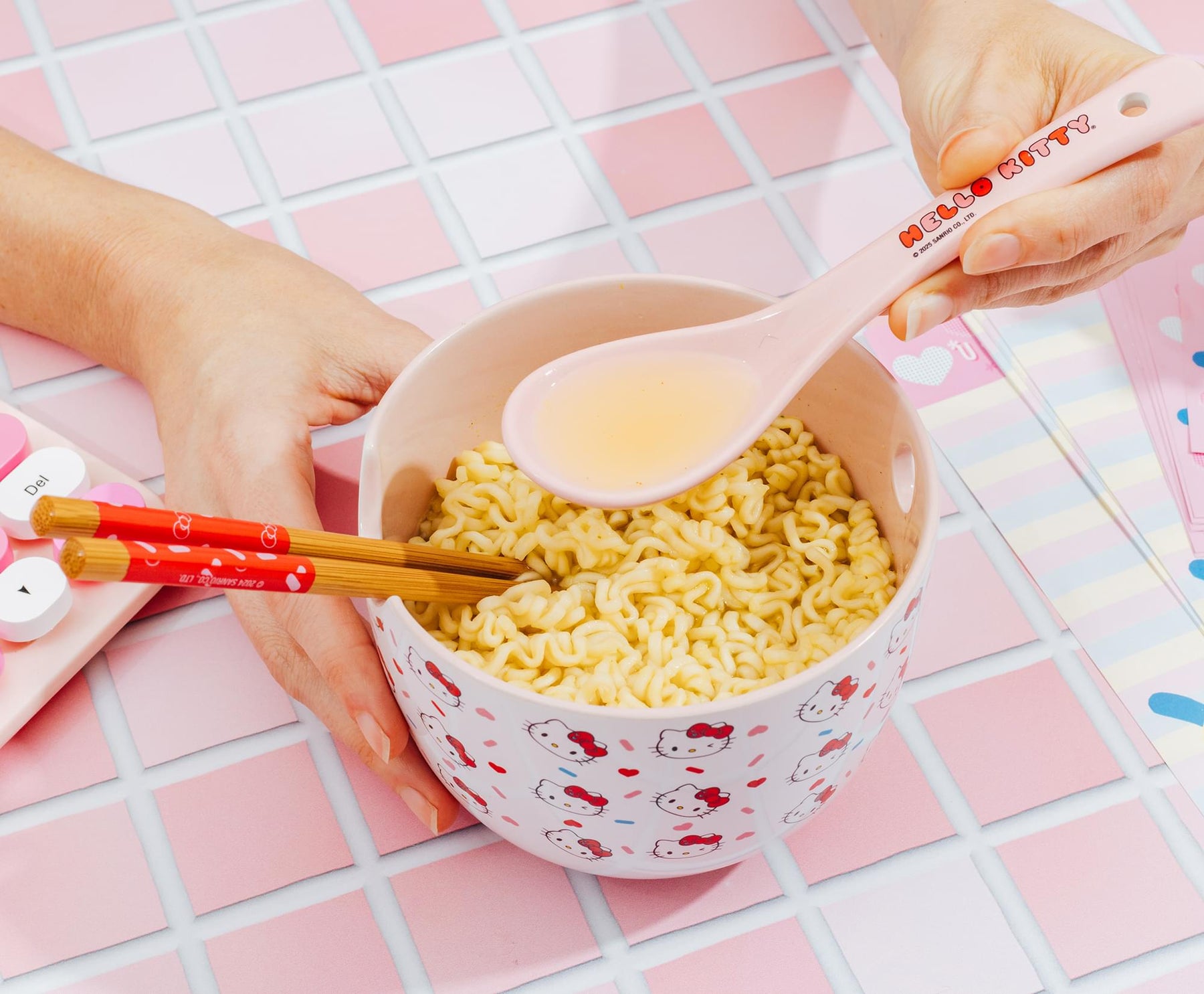Sanrio Hello Kitty Sprinkles 20-Ounce Ramen Bowl, Chopsticks, and Spoon Set
