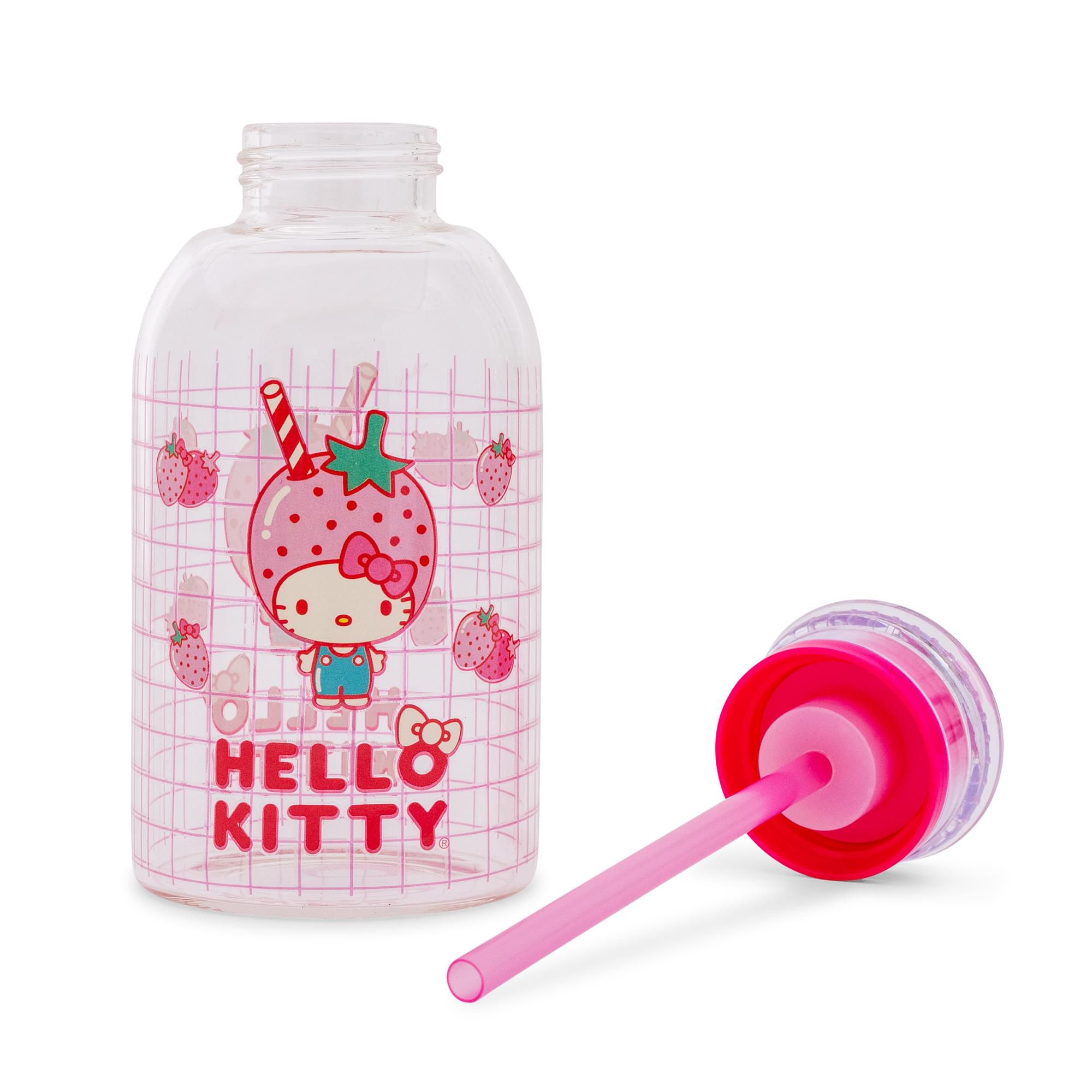 Sanrio Hello Kitty Pink Strawberry 15-Ounce Glass Milk Bottle With Straw