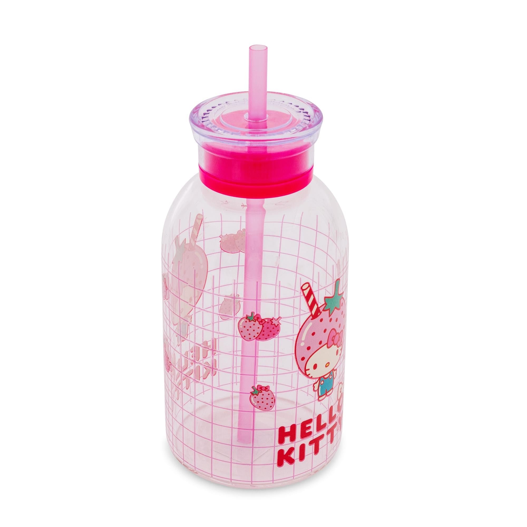 Sanrio Hello Kitty Pink Strawberry 15-Ounce Glass Milk Bottle With Straw