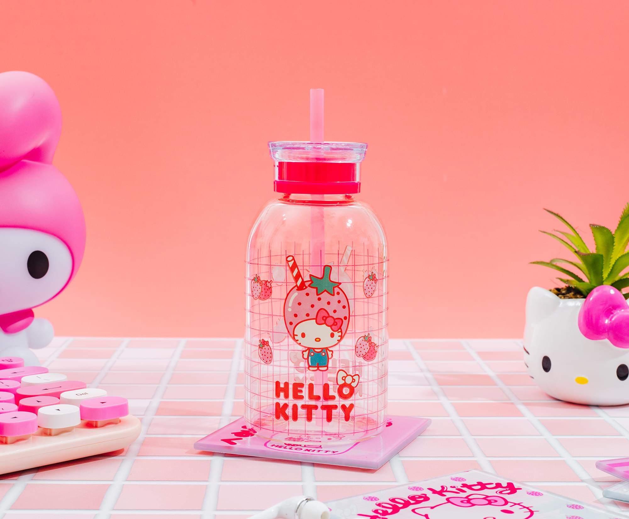 Sanrio Hello Kitty Pink Strawberry 15-Ounce Glass Milk Bottle With Straw