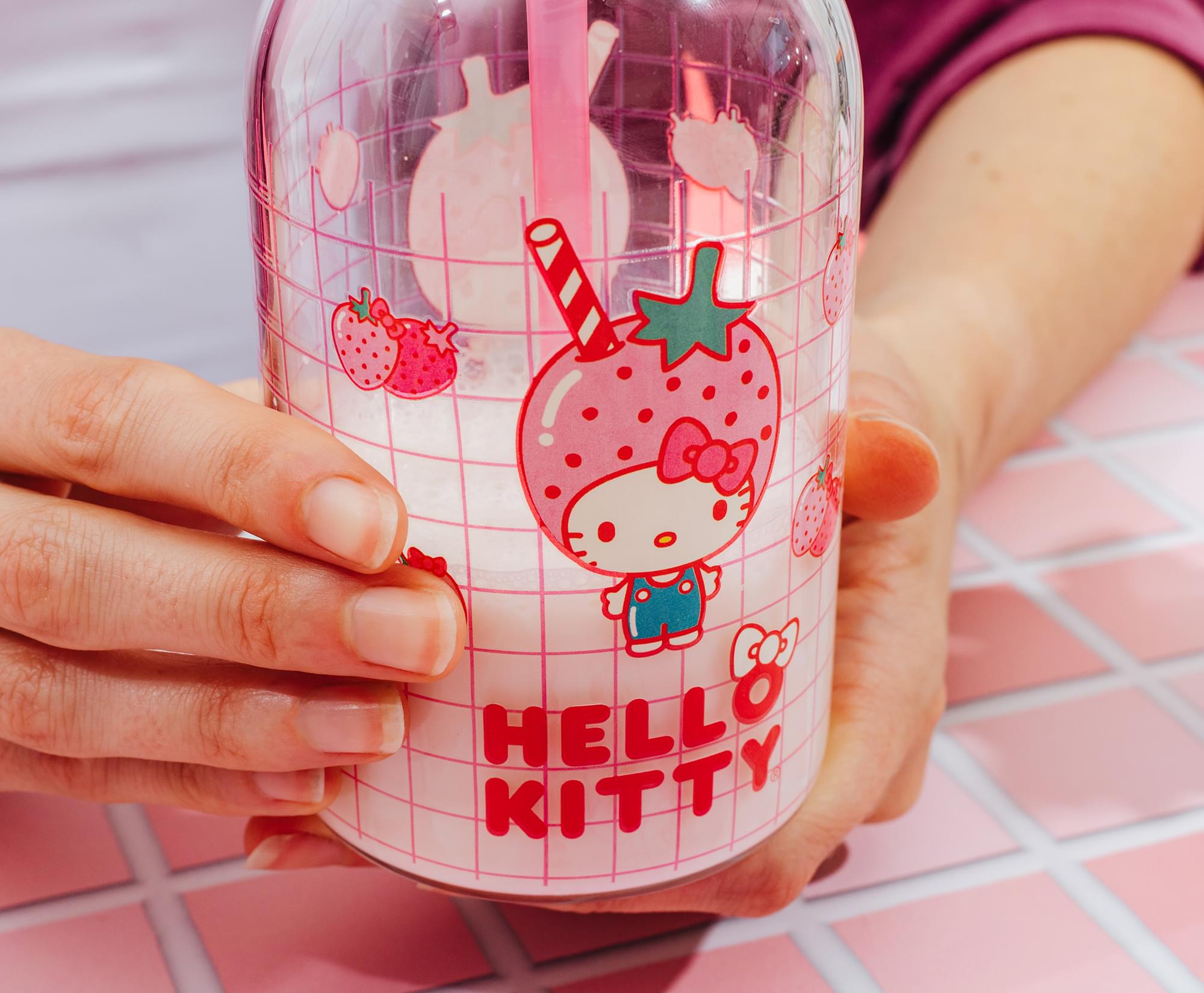 Sanrio Hello Kitty Pink Strawberry 15-Ounce Glass Milk Bottle With Straw