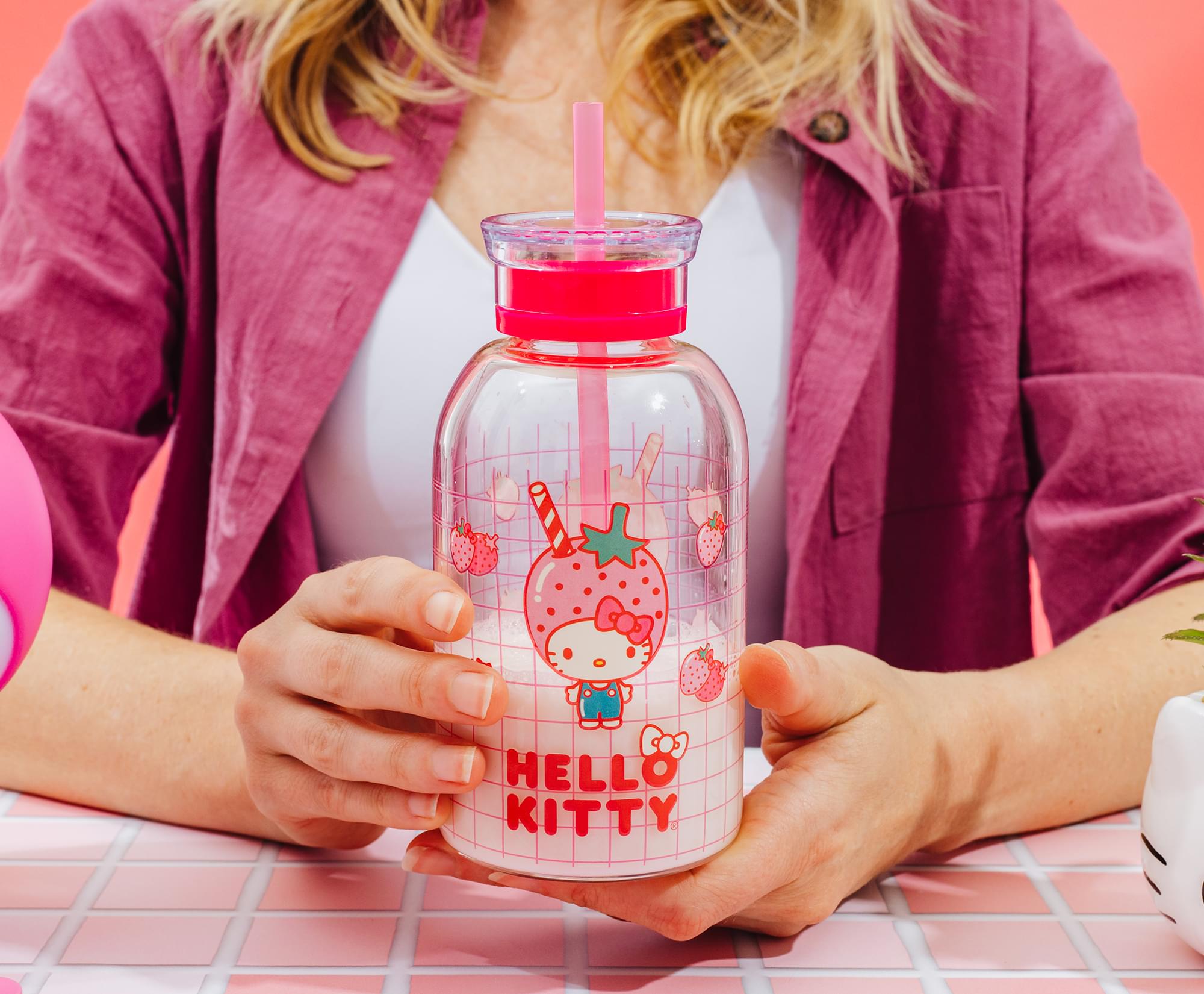 Sanrio Hello Kitty Pink Strawberry 15-Ounce Glass Milk Bottle With Straw