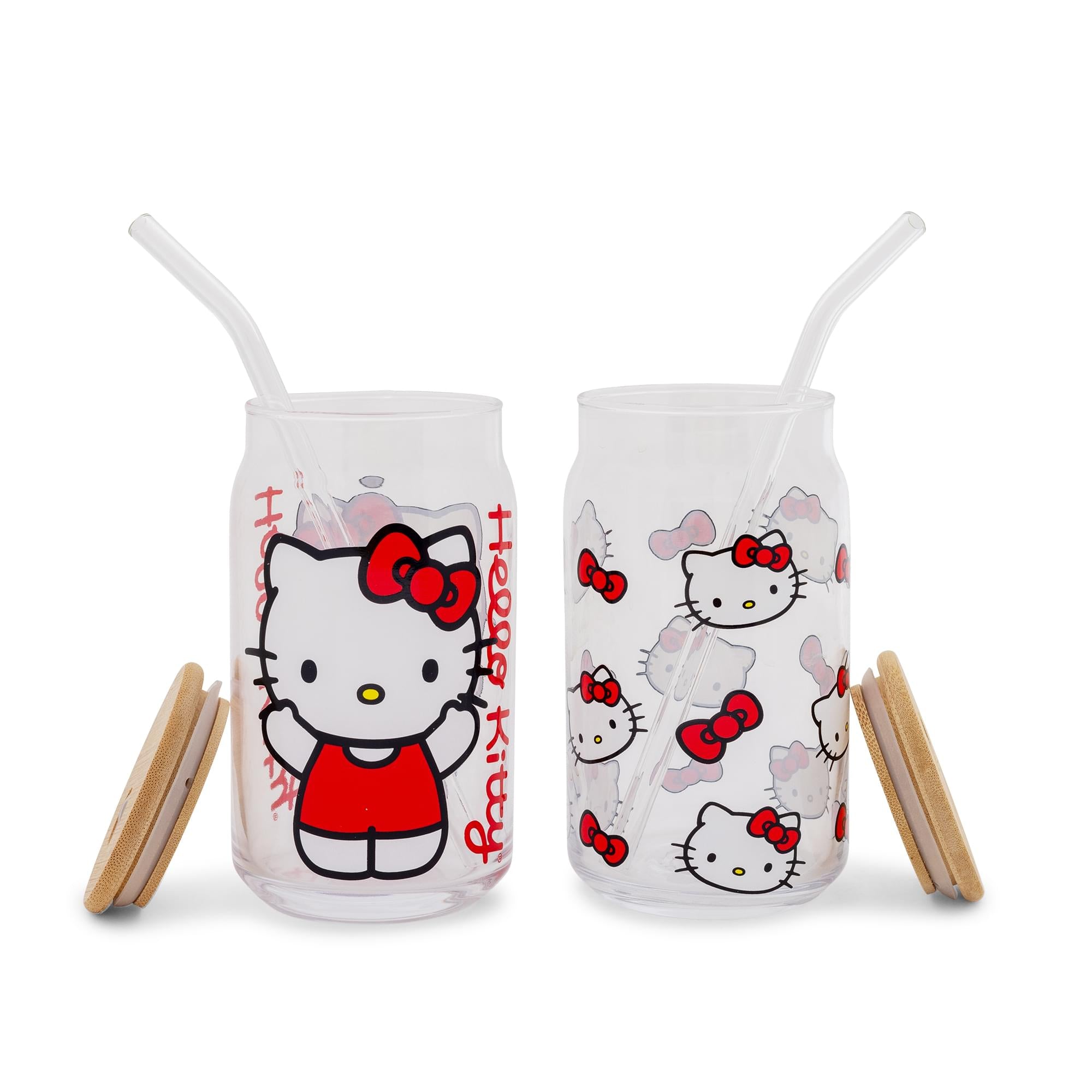 Sanrio Hello Kitty 16-Ounce Glass Tumblers With Bamboo Lid and Straw | Set of 2