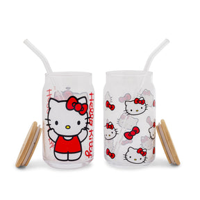 Sanrio Hello Kitty 16-Ounce Glass Tumblers With Bamboo Lid and Straw | Set of 2
