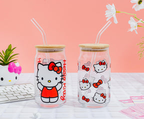 Sanrio Hello Kitty 16-Ounce Glass Tumblers With Bamboo Lid and Straw | Set of 2