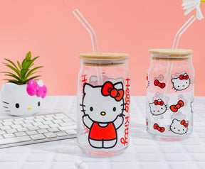 Sanrio Hello Kitty 16-Ounce Glass Tumblers With Bamboo Lid and Straw | Set of 2