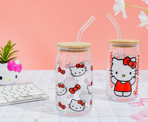 Sanrio Hello Kitty 16-Ounce Glass Tumblers With Bamboo Lid and Straw | Set of 2