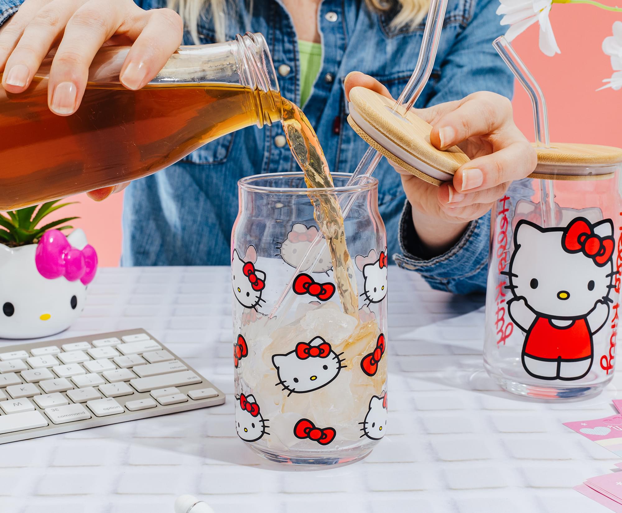 Sanrio Hello Kitty 16-Ounce Glass Tumblers With Bamboo Lid and Straw | Set of 2