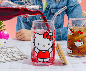 Sanrio Hello Kitty 16-Ounce Glass Tumblers With Bamboo Lid and Straw | Set of 2