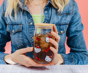 Sanrio Hello Kitty 16-Ounce Glass Tumblers With Bamboo Lid and Straw | Set of 2