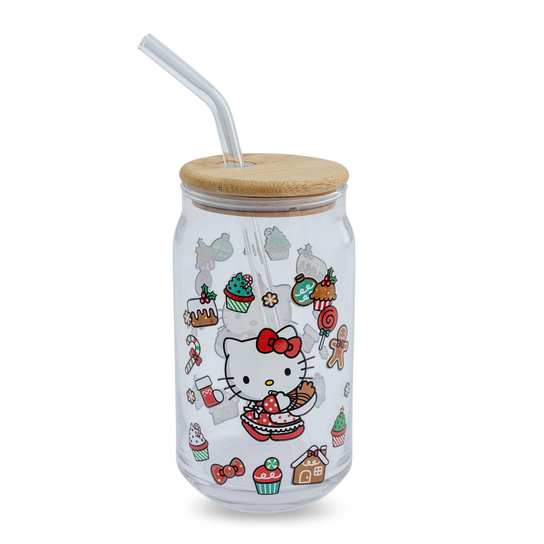 Sanrio Hello Kitty Holiday 16-Ounce Glass Tumbler With Bamboo Lid and Straw