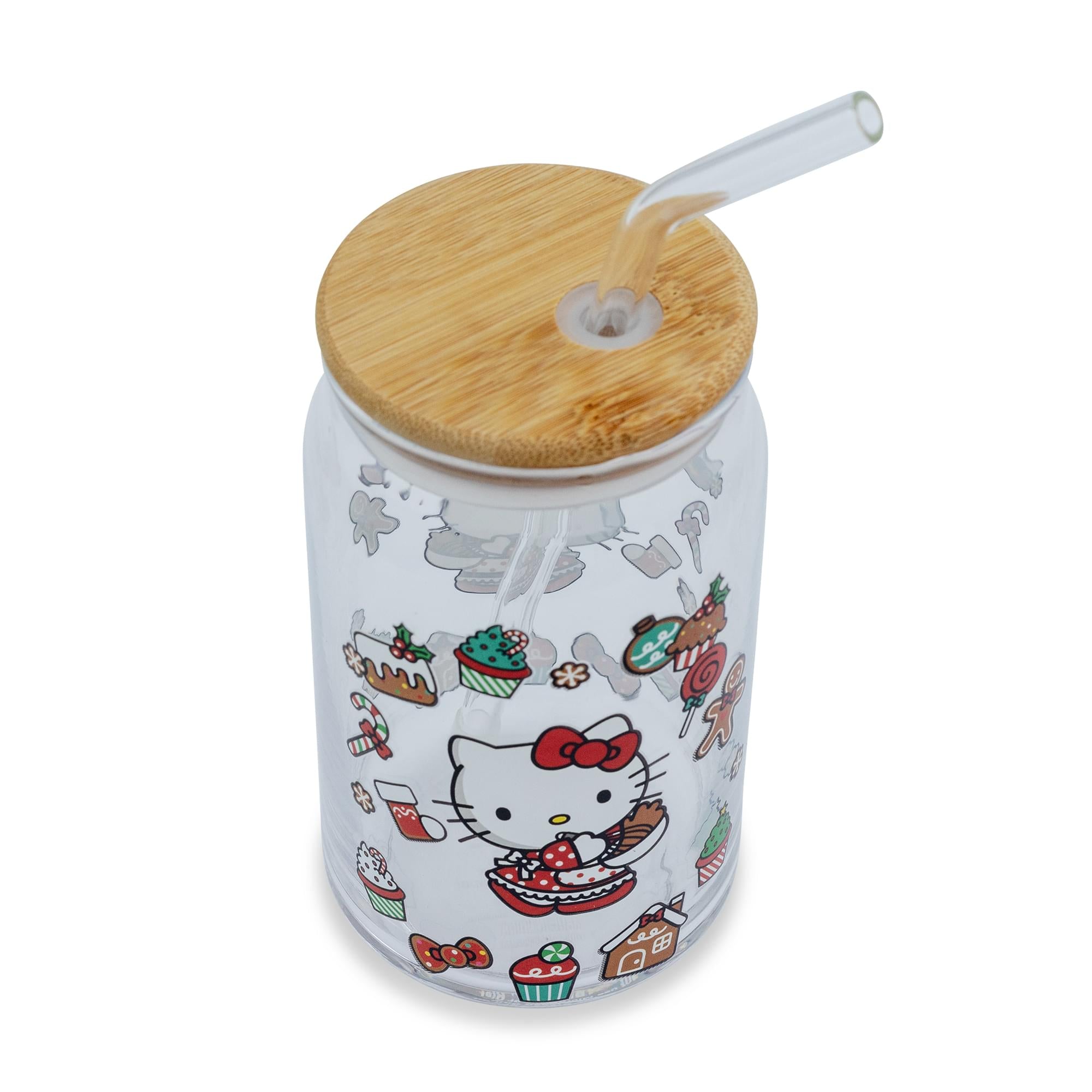 Sanrio Hello Kitty Holiday 16-Ounce Glass Tumbler With Bamboo Lid and Straw