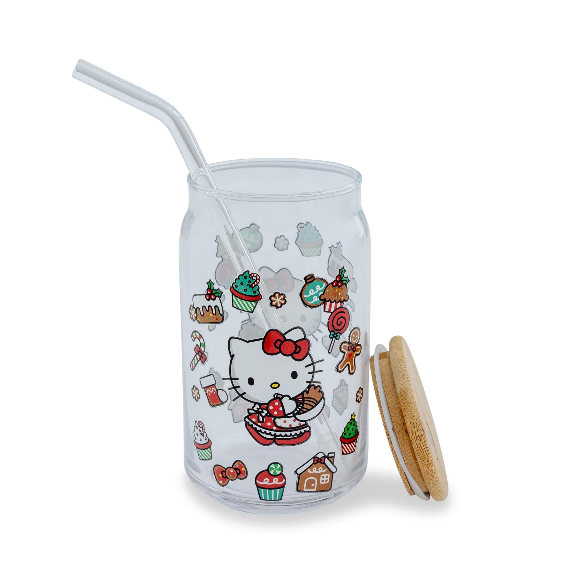 Sanrio Hello Kitty Holiday 16-Ounce Glass Tumbler With Bamboo Lid and Straw