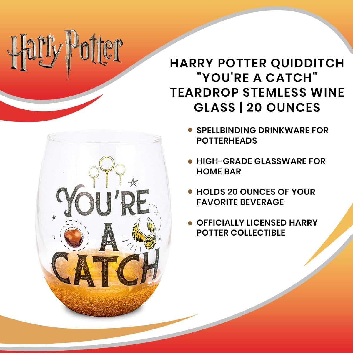Harry Potter Quidditch "You're A Catch" Teardrop Stemless Wine Glass | 20 Ounces