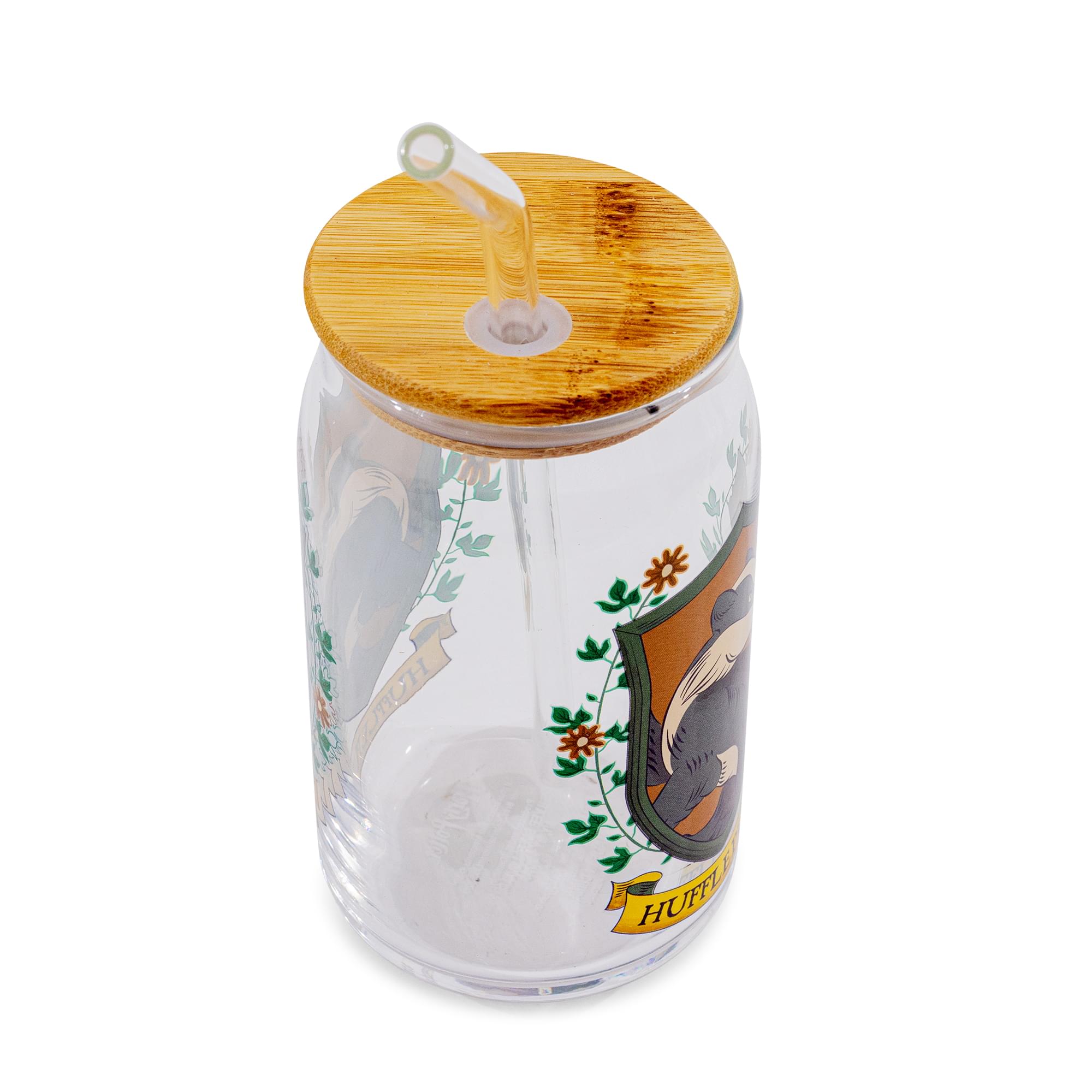 Harry Potter Hufflepuff House Mascot Glass Tumbler With Bamboo Lid and Straw