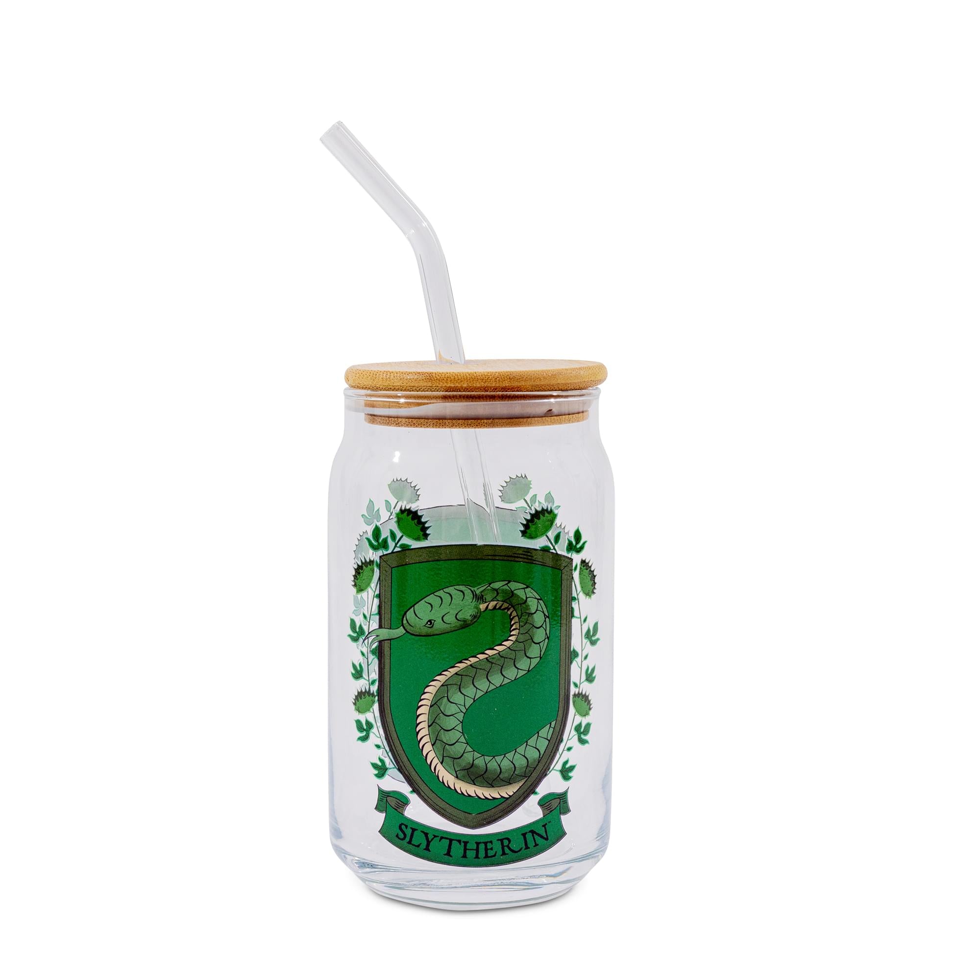Harry Potter Slytherin House Mascot Glass Tumbler With Bamboo Lid and Straw
