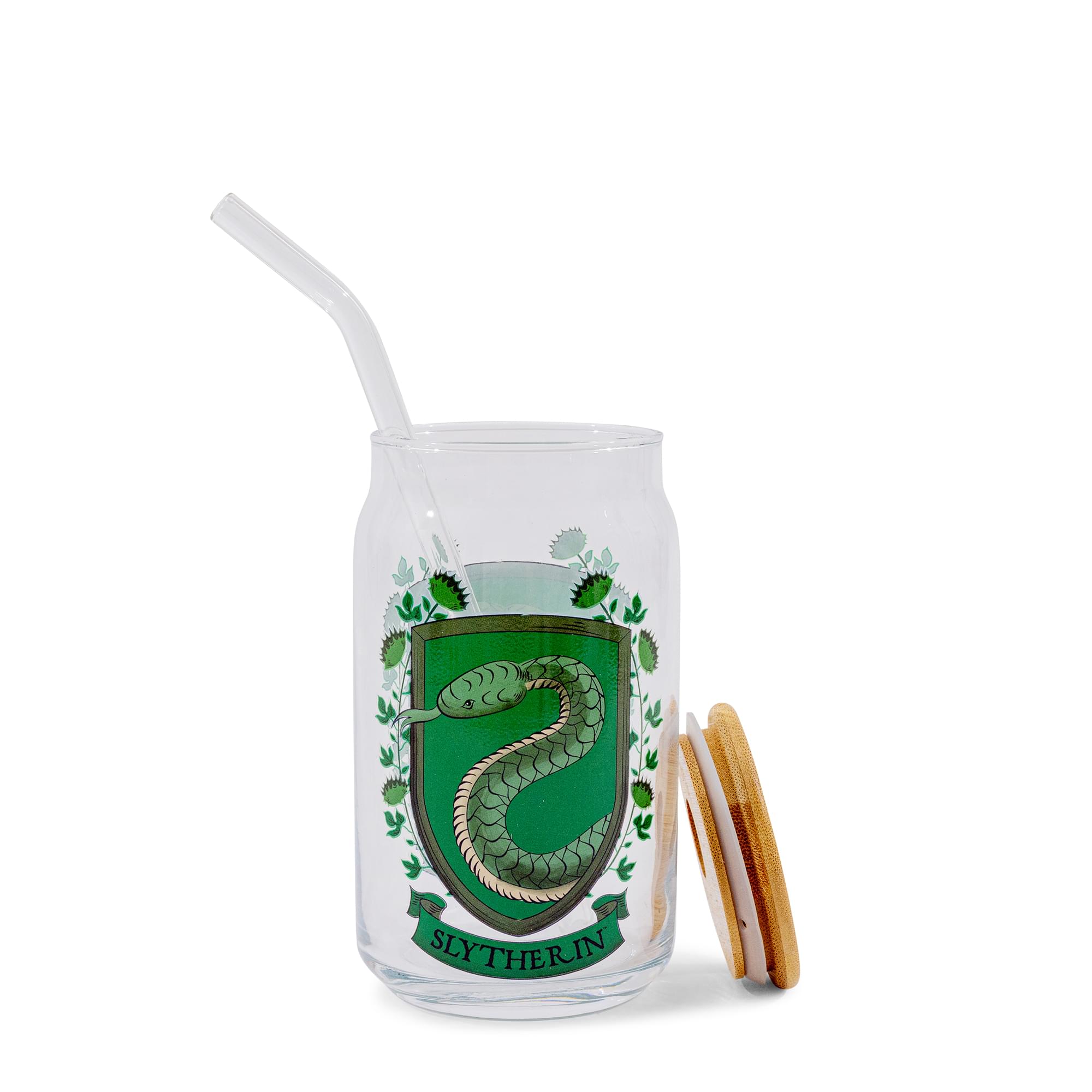 Harry Potter Slytherin House Mascot Glass Tumbler With Bamboo Lid and Straw