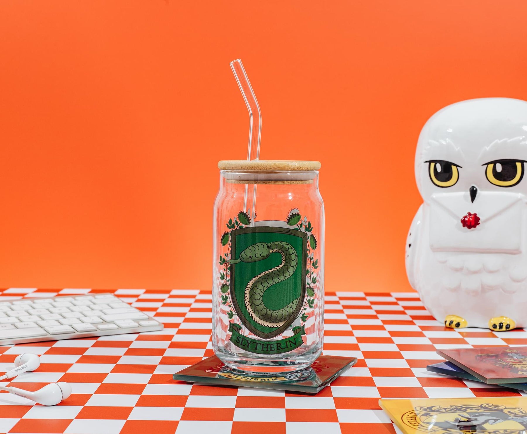 Harry Potter Slytherin House Mascot Glass Tumbler With Bamboo Lid and Straw