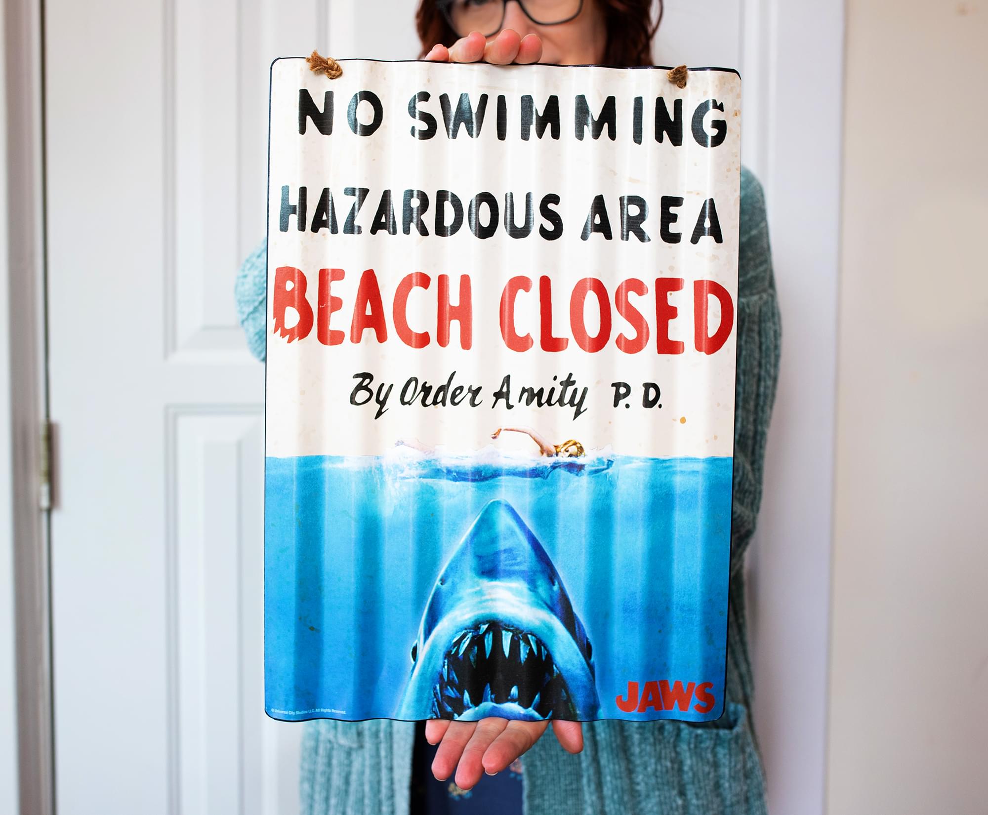 JAWS "Beach Closed" Corrugated Tin Sign | 12 x 16 Inches