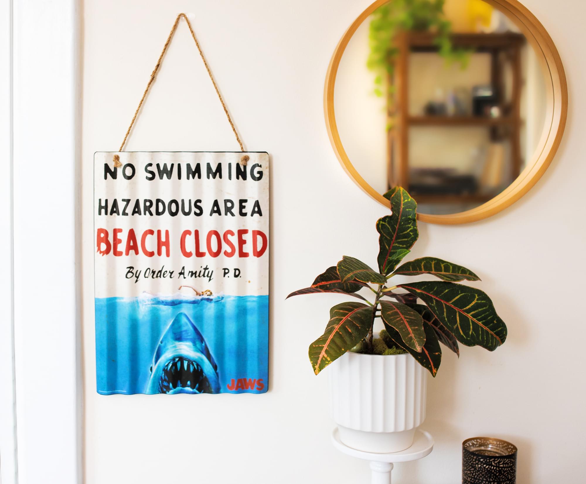 JAWS "Beach Closed" Corrugated Tin Sign | 12 x 16 Inches