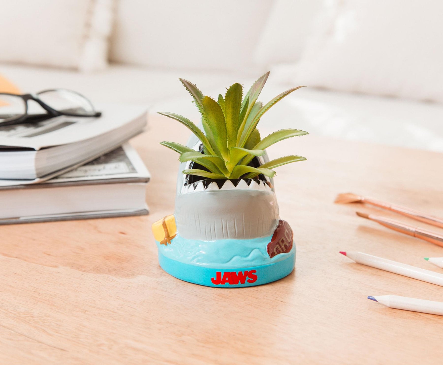 JAWS Shark 4-Inch Ceramic Mini Planter With Artificial Succulent