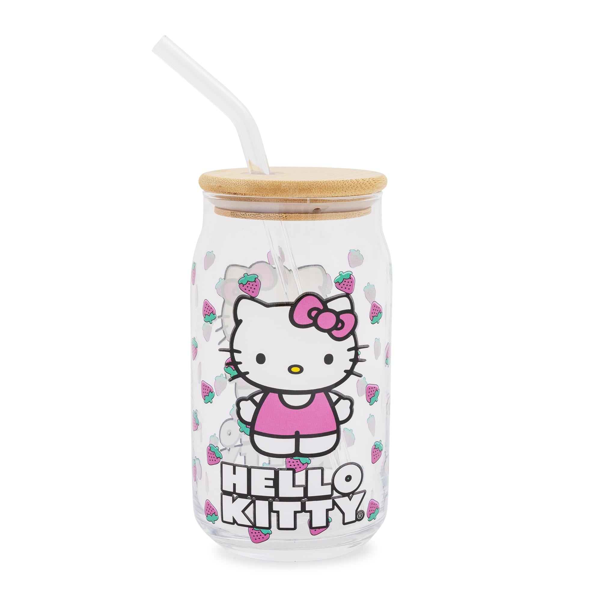 Sanrio Hello Kitty Strawberry 16-Ounce Glass Tumbler With Bamboo Lid and Straw