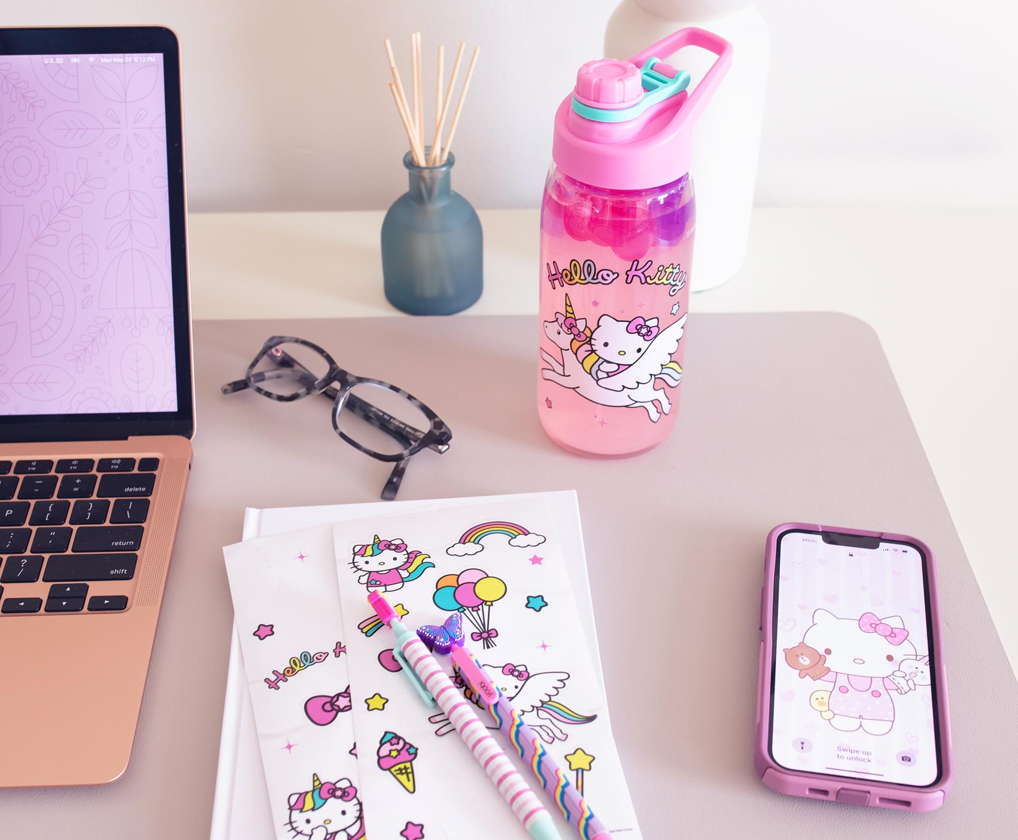 Sanrio Hello Kitty Unicorn Twist Spout Water Bottle and Sticker Set | 20 Ounces
