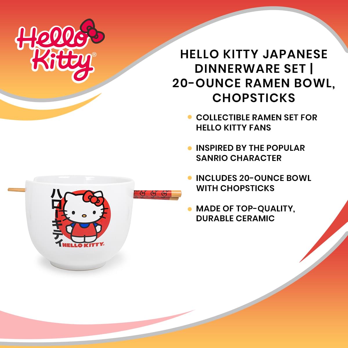 Hello Kitty Japanese Dinnerware Set | 20-Ounce Ramen Bowl, Chopsticks