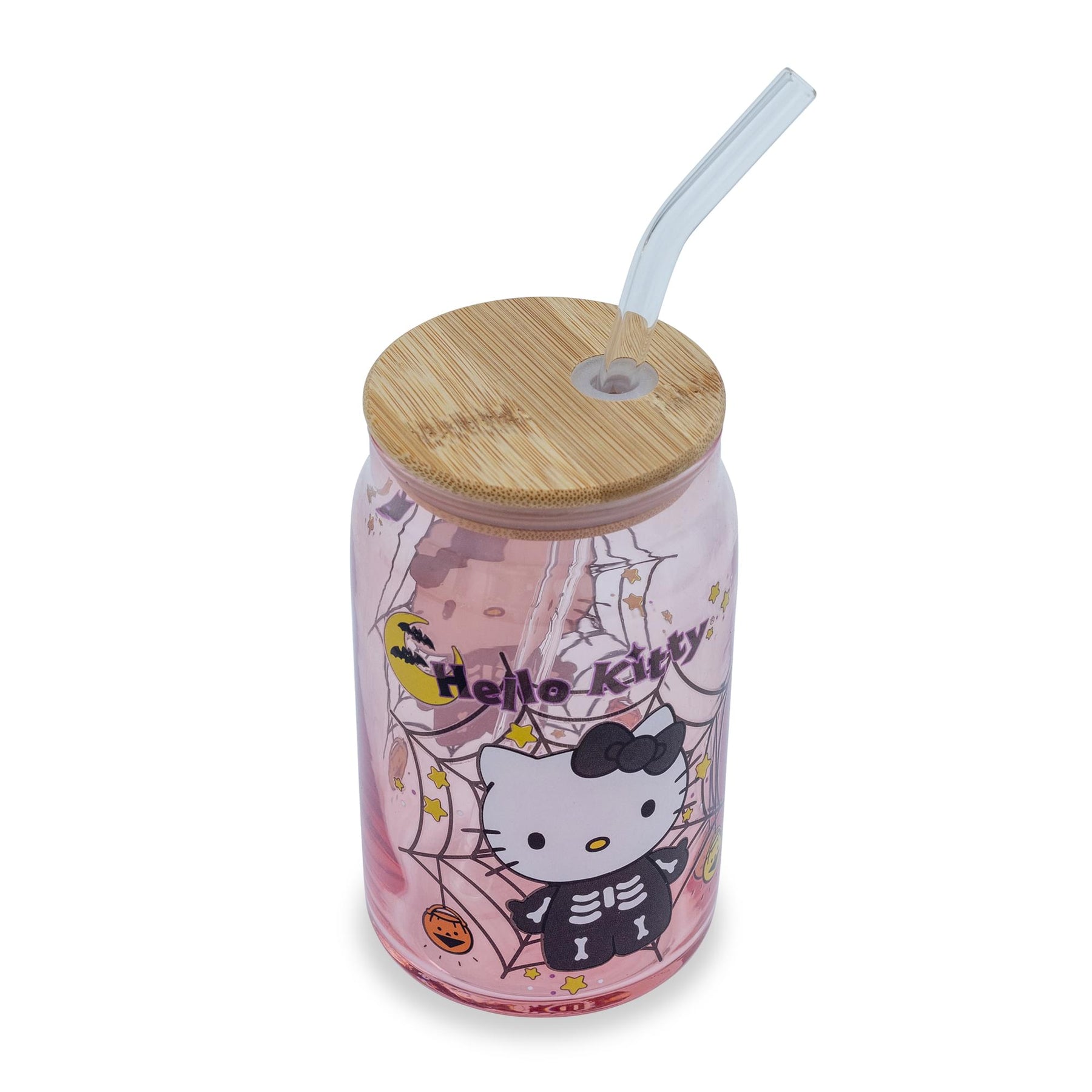 Sanrio Hello Kitty Skeleton 16-Ounce Glass Tumbler With Bamboo Lid and Straw