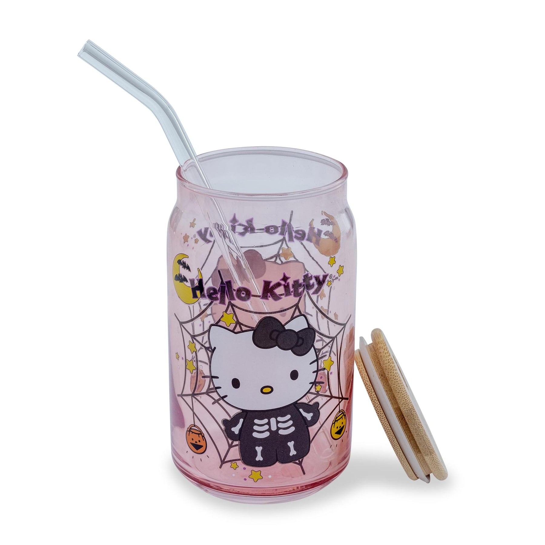 Sanrio Hello Kitty Skeleton 16-Ounce Glass Tumbler With Bamboo Lid and Straw