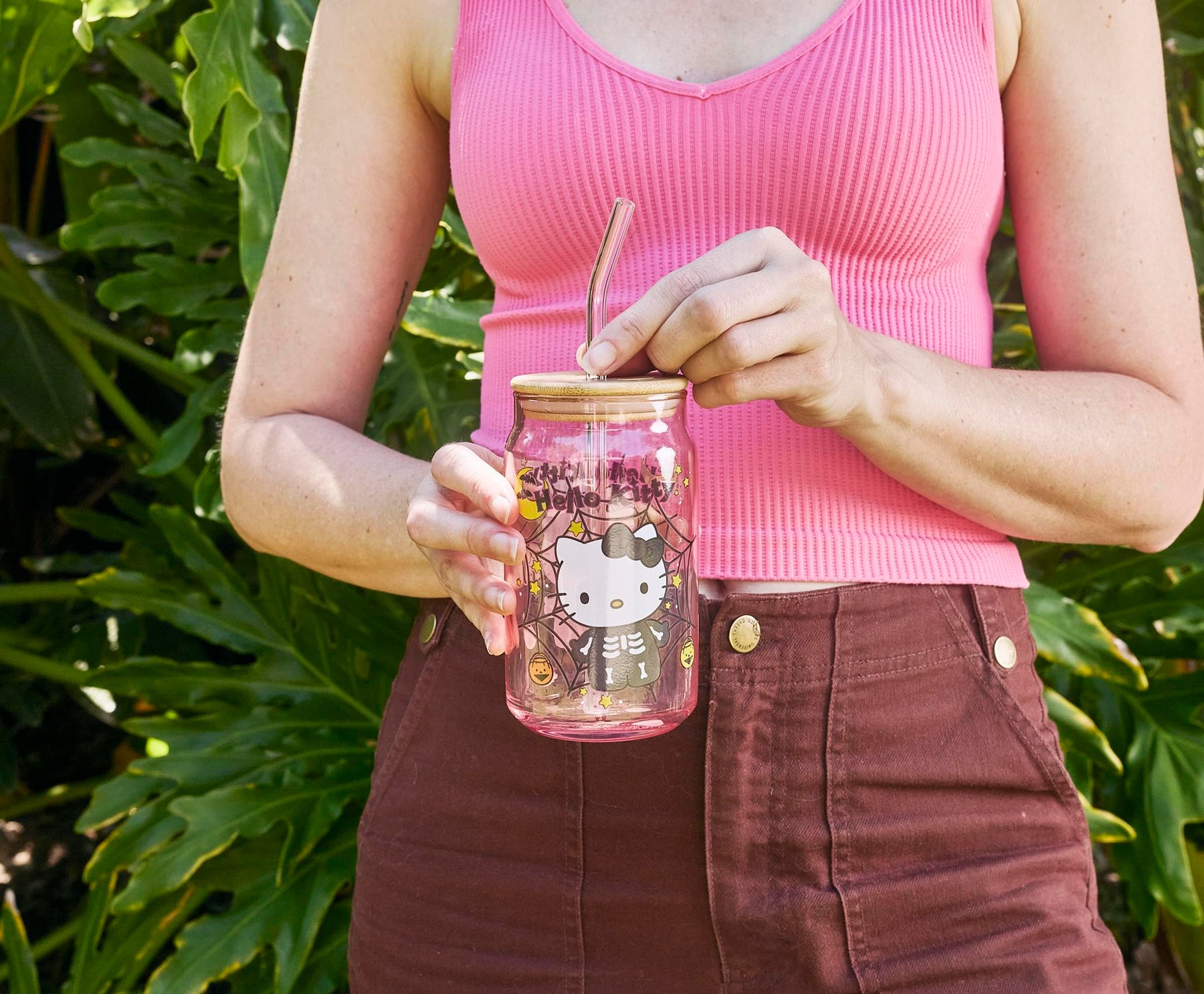 Sanrio Hello Kitty Skeleton 16-Ounce Glass Tumbler With Bamboo Lid and Straw
