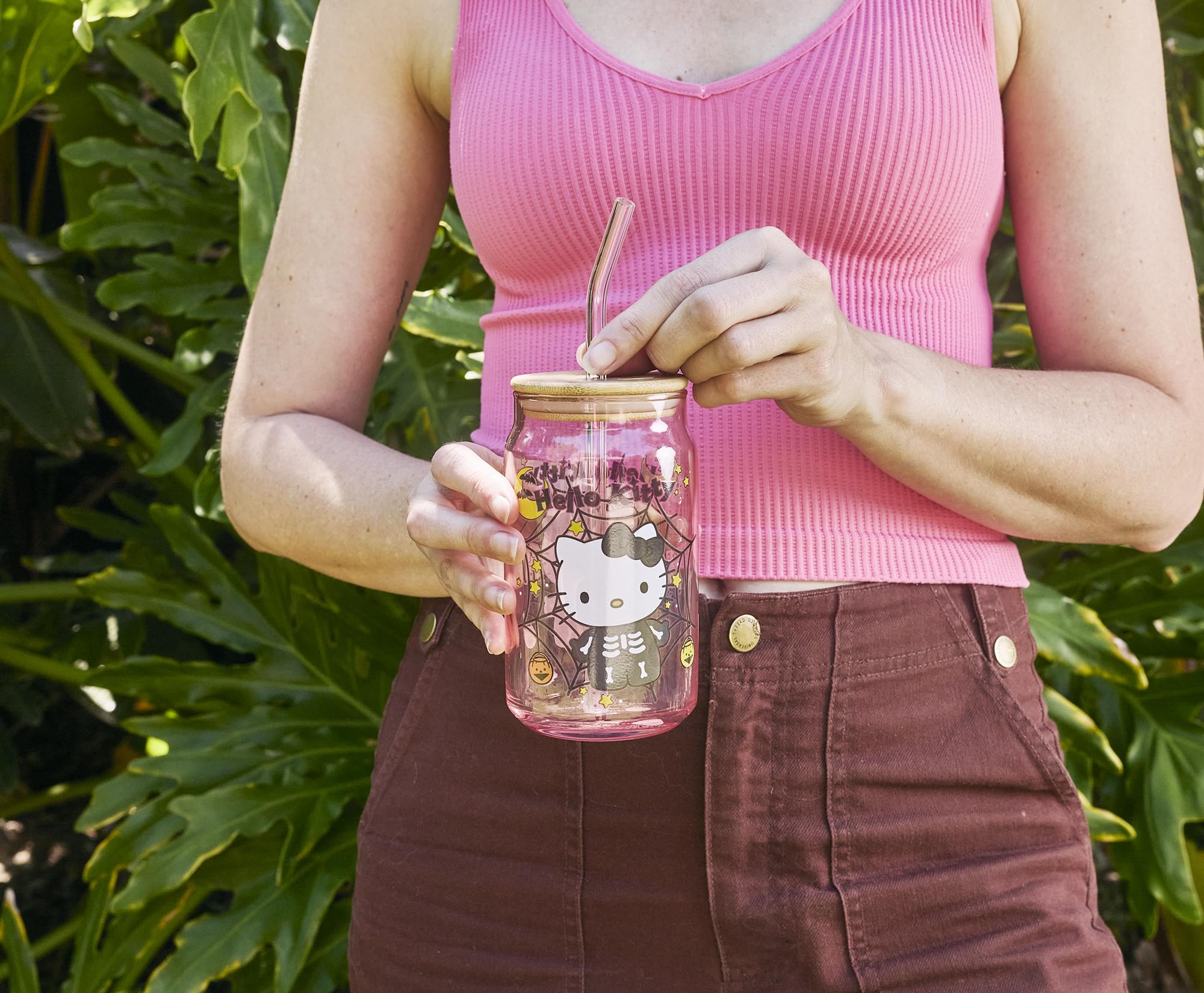 Sanrio Hello Kitty Skeleton 16-Ounce Glass Tumbler With Bamboo Lid and Straw