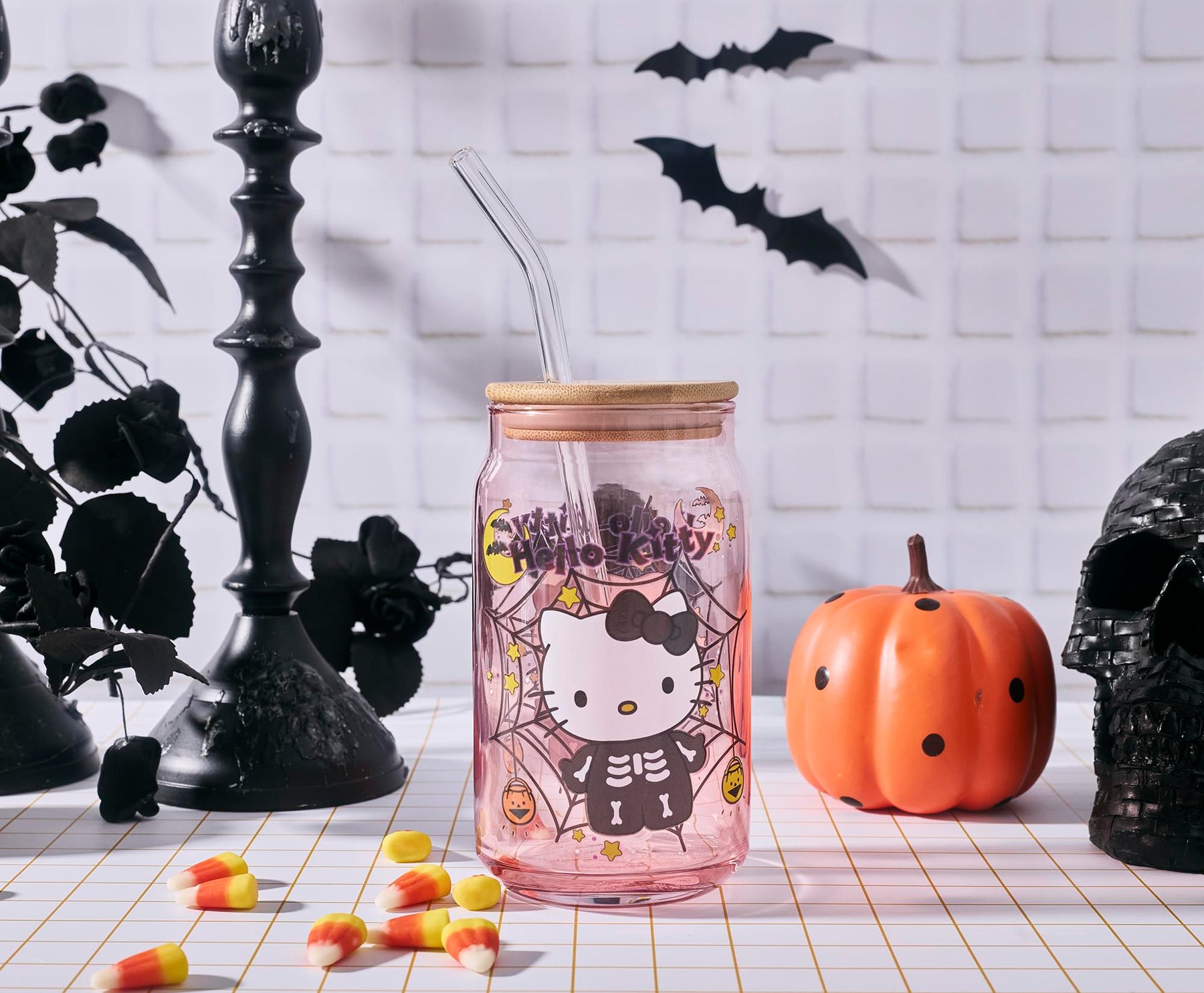 Sanrio Hello Kitty Skeleton 16-Ounce Glass Tumbler With Bamboo Lid and Straw
