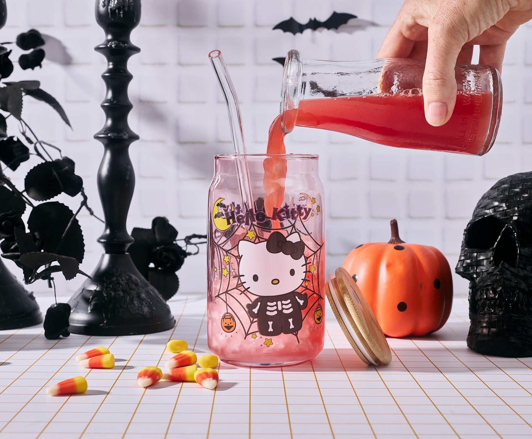 Sanrio Hello Kitty Skeleton 16-Ounce Glass Tumbler With Bamboo Lid and Straw