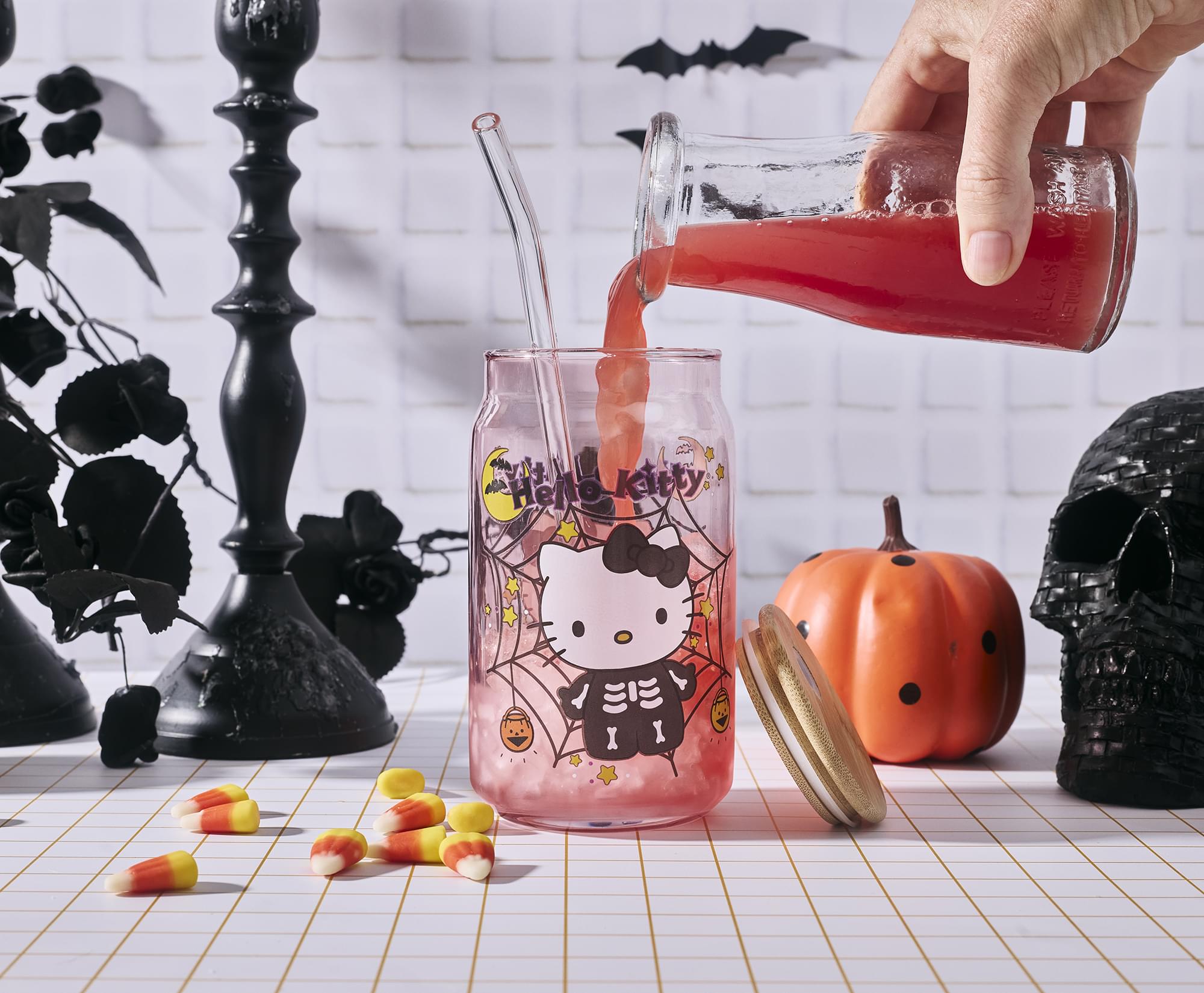 Sanrio Hello Kitty Skeleton 16-Ounce Glass Tumbler With Bamboo Lid and Straw