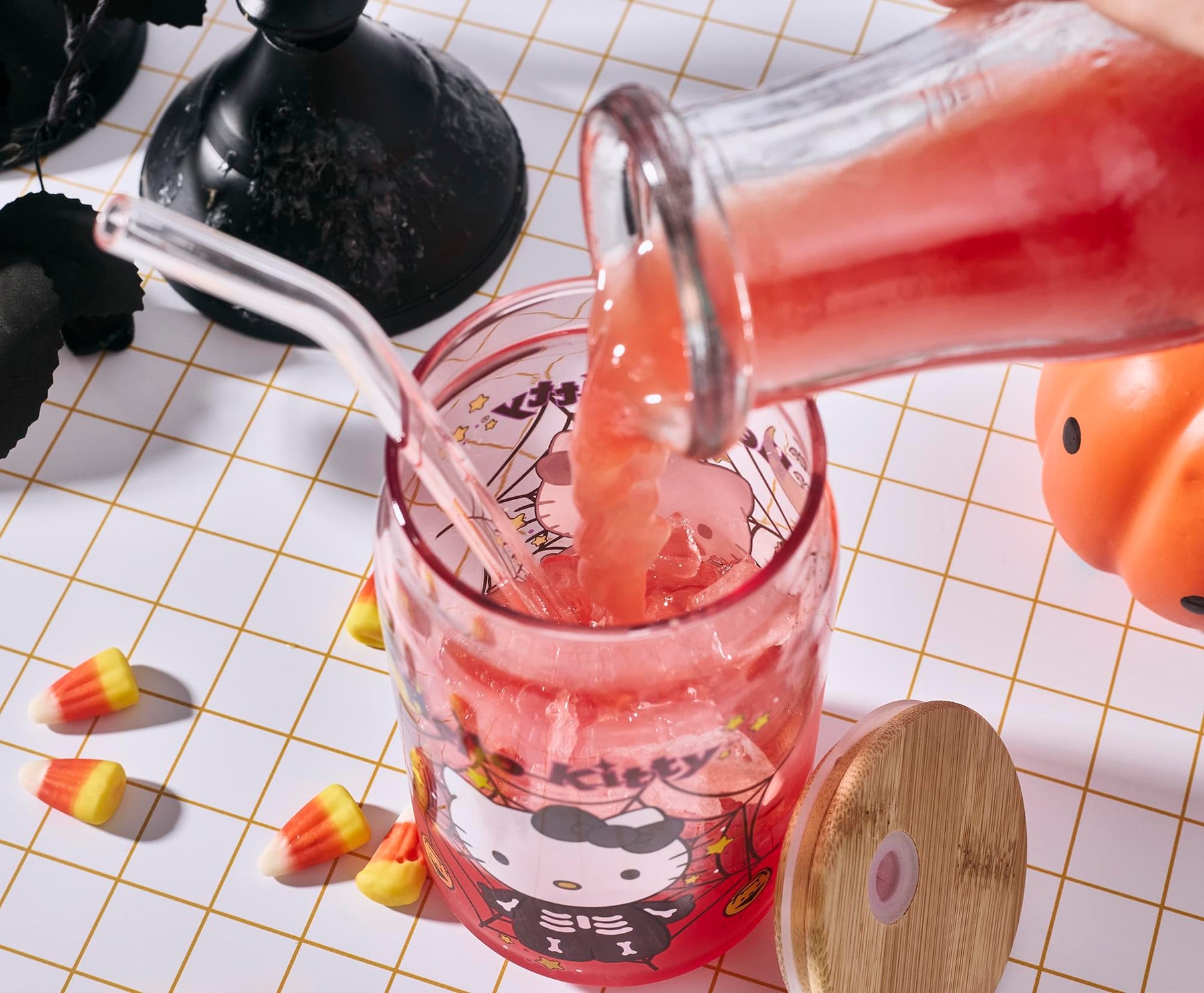 Sanrio Hello Kitty Skeleton 16-Ounce Glass Tumbler With Bamboo Lid and Straw
