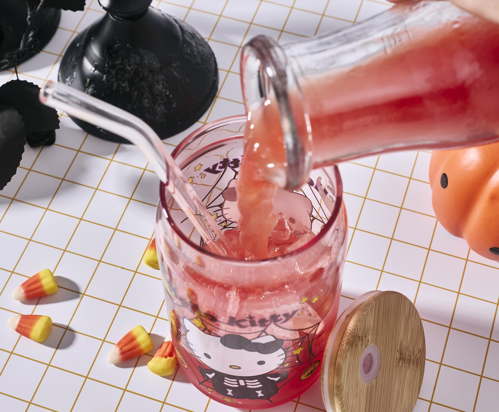 Sanrio Hello Kitty Skeleton 16-Ounce Glass Tumbler With Bamboo Lid and Straw