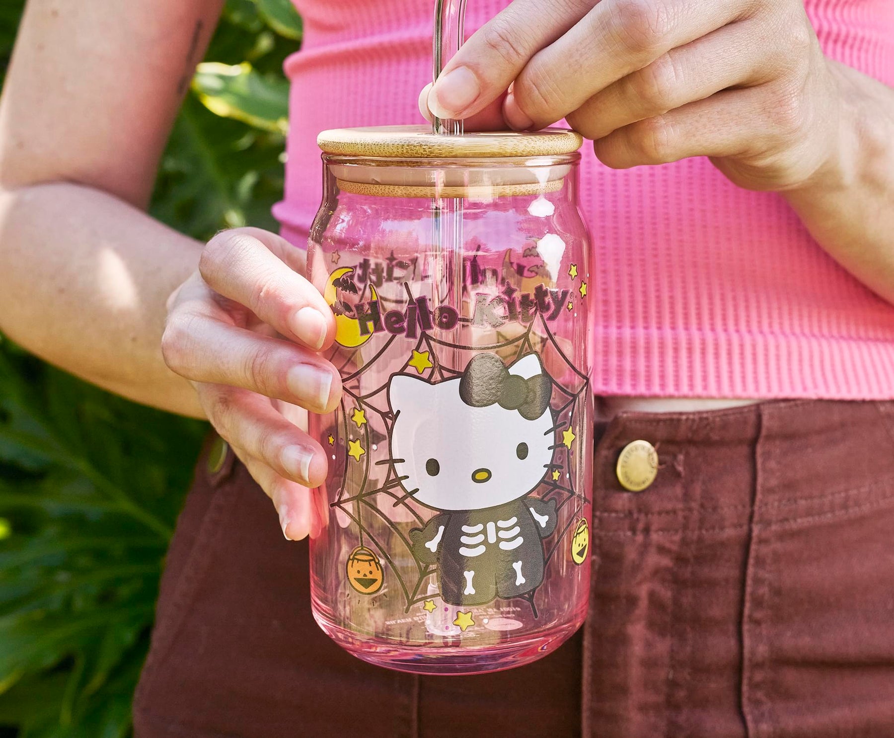 Sanrio Hello Kitty Skeleton 16-Ounce Glass Tumbler With Bamboo Lid and Straw