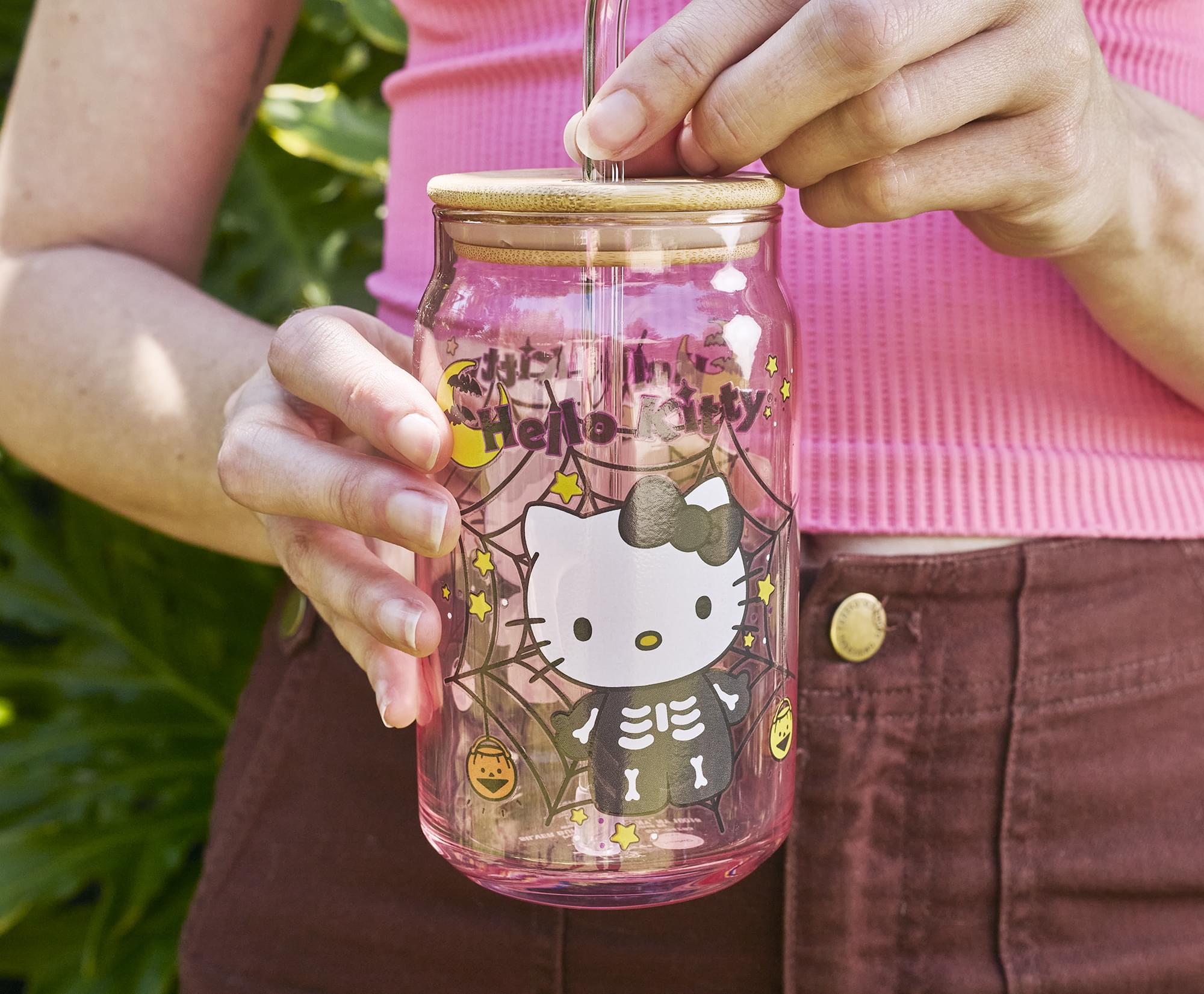 Sanrio Hello Kitty Skeleton 16-Ounce Glass Tumbler With Bamboo Lid and Straw