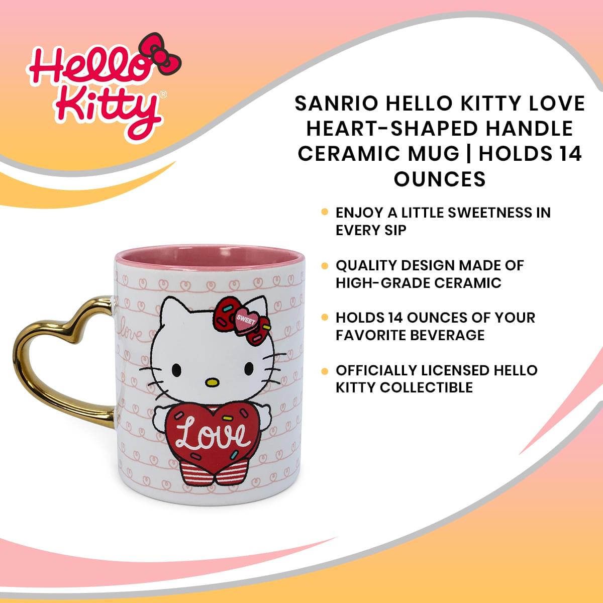 Sanrio Hello Kitty Love Heart-Shaped Handle Ceramic Mug | Holds 14 Ounces