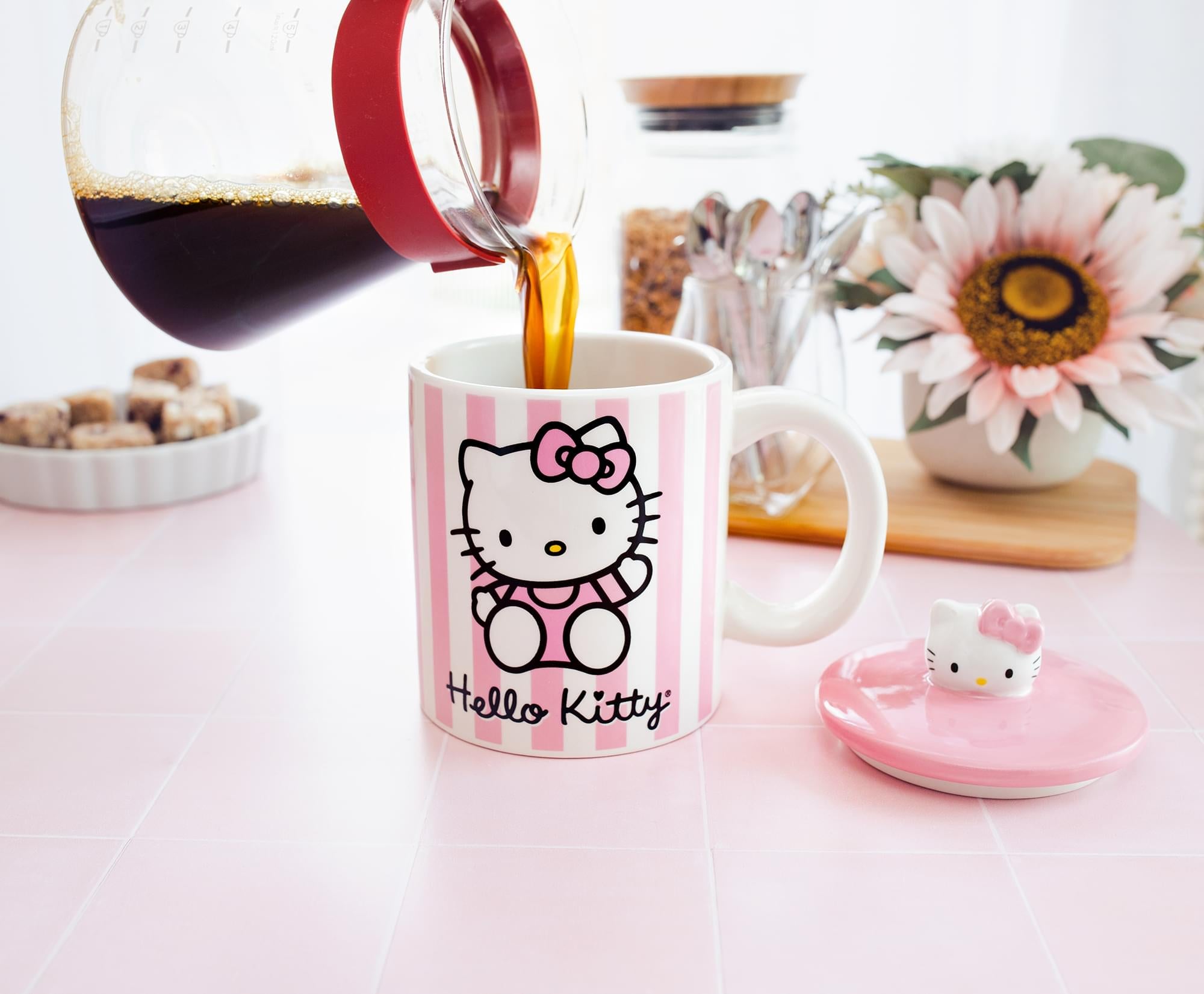 Sanrio Hello Kitty Pink Stripes Ceramic Mug With Lid | Holds 18 Ounces