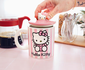 Sanrio Hello Kitty Pink Stripes Ceramic Mug With Lid | Holds 18 Ounces