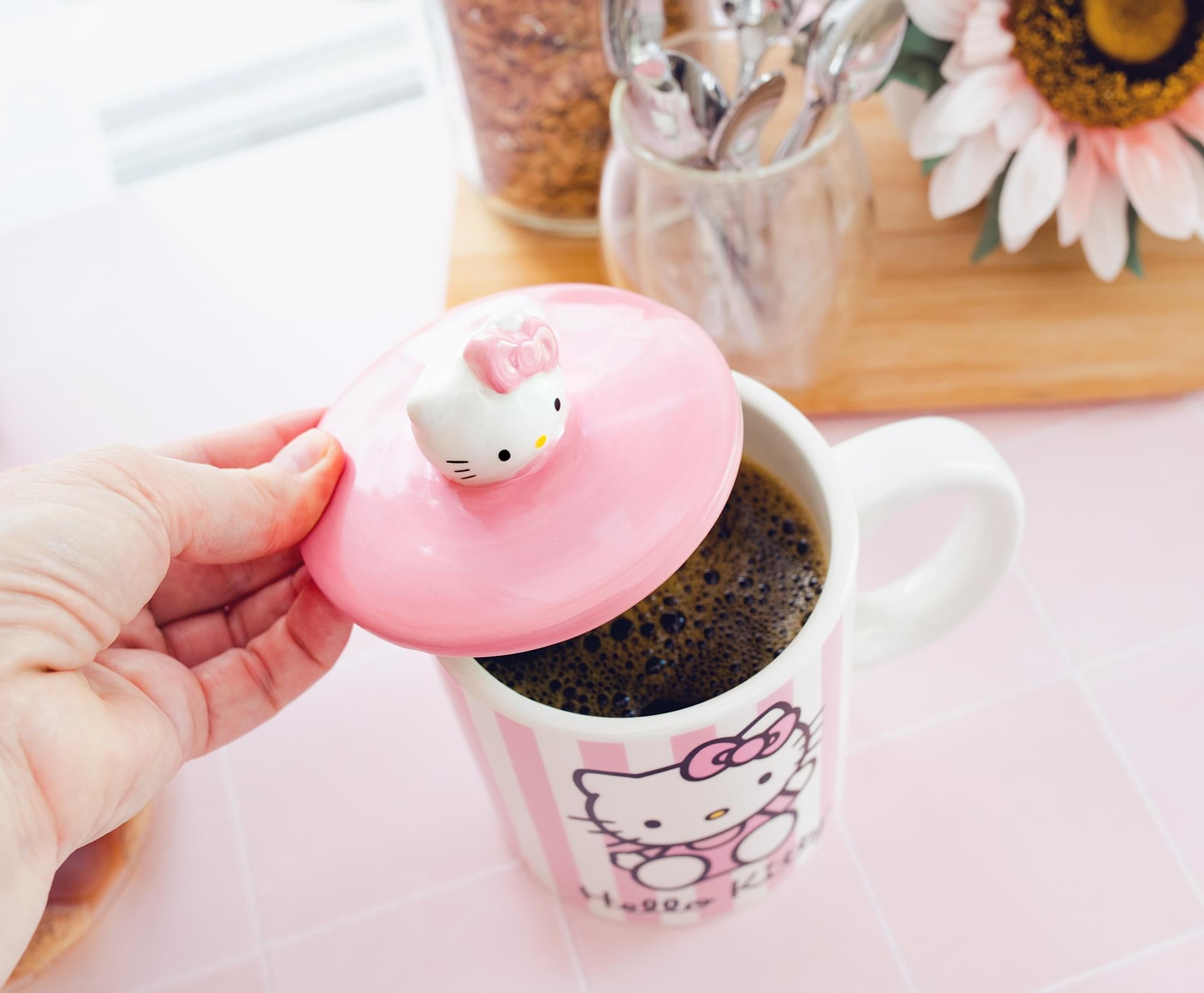 Sanrio Hello Kitty Pink Stripes Ceramic Mug With Lid | Holds 18 Ounces