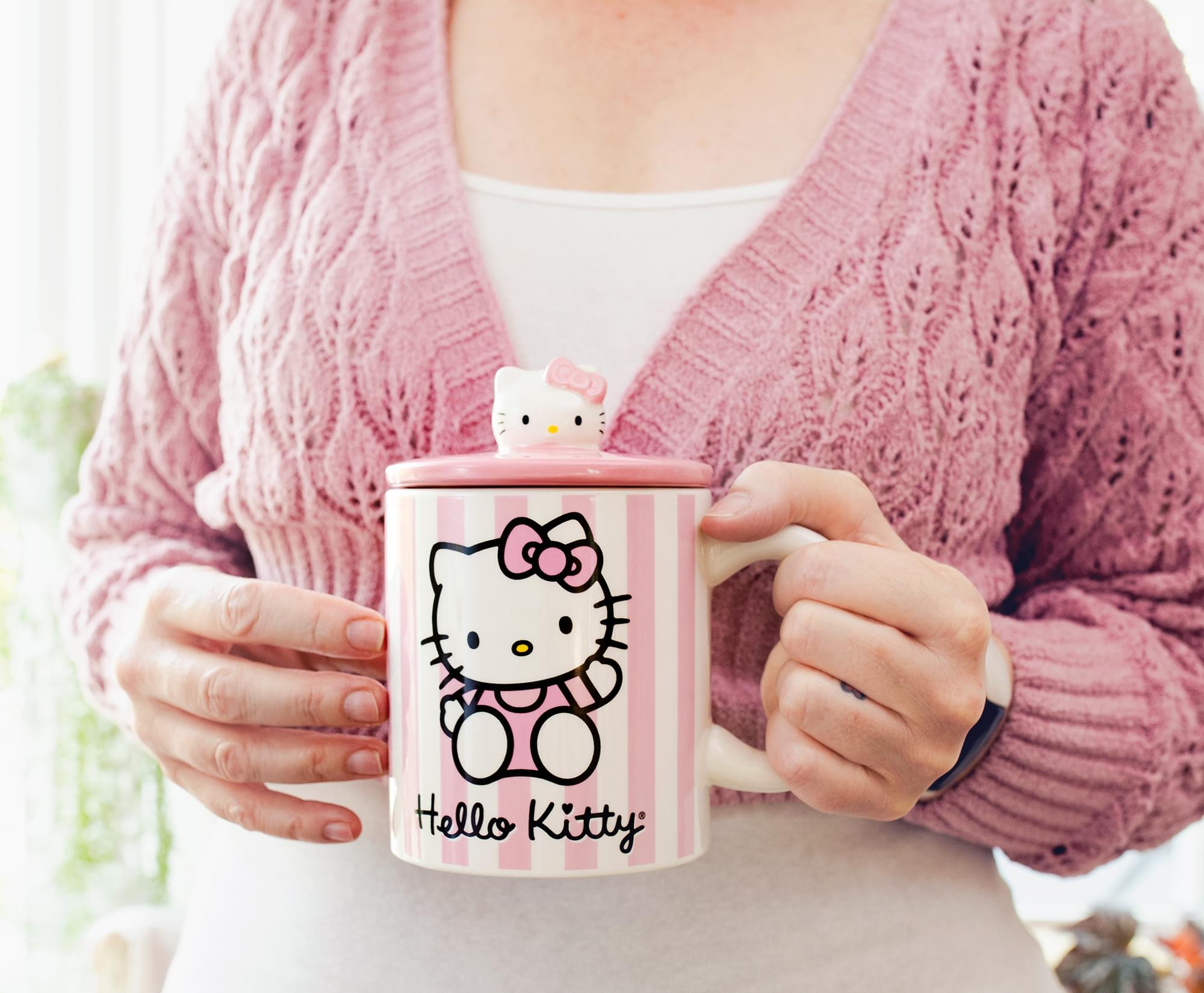 Sanrio Hello Kitty Pink Stripes Ceramic Mug With Lid | Holds 18 Ounces