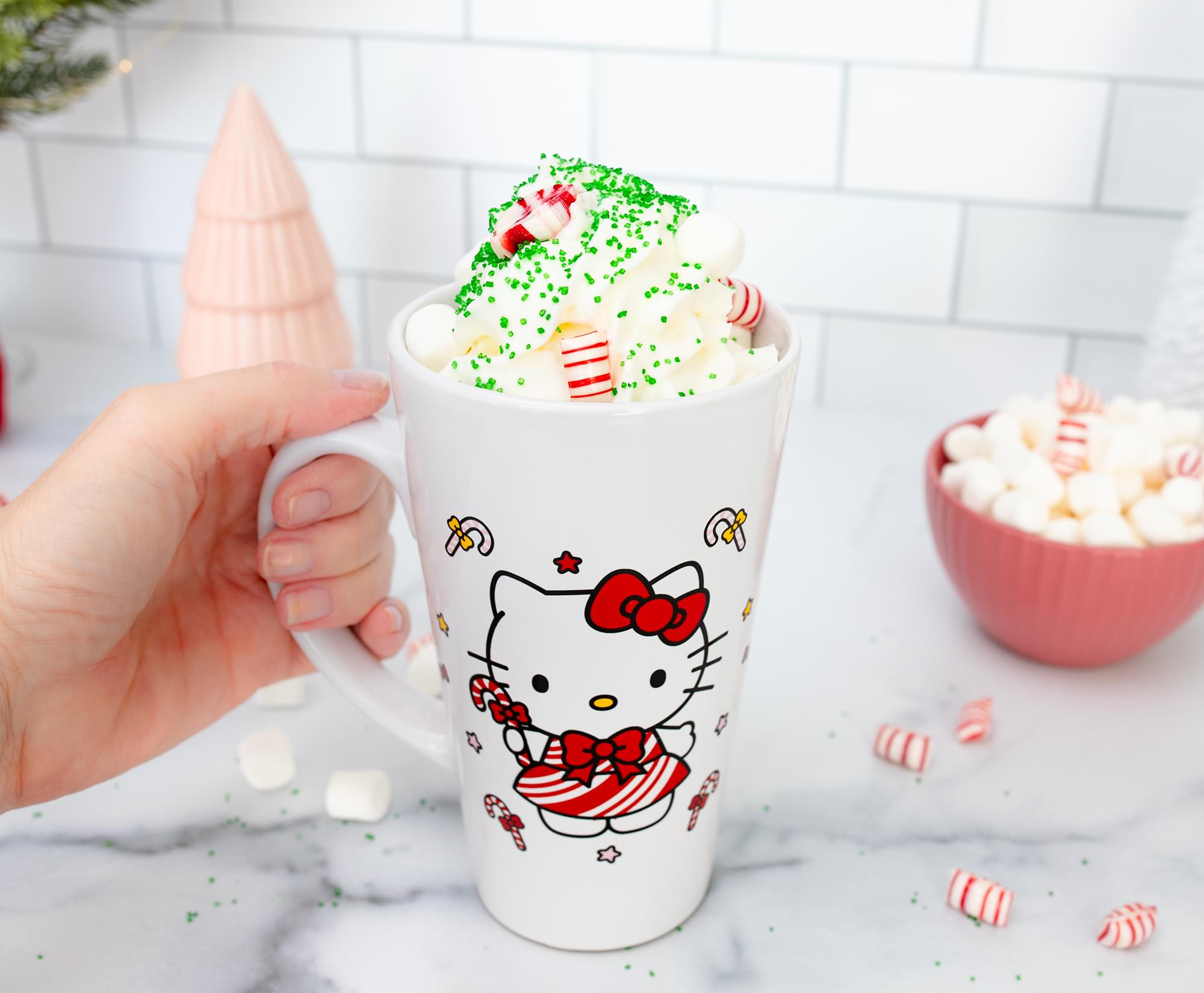 Sanrio Hello Kitty Holiday Candy Cane Ceramic Tall Latte Mug | Holds 16 Ounces
