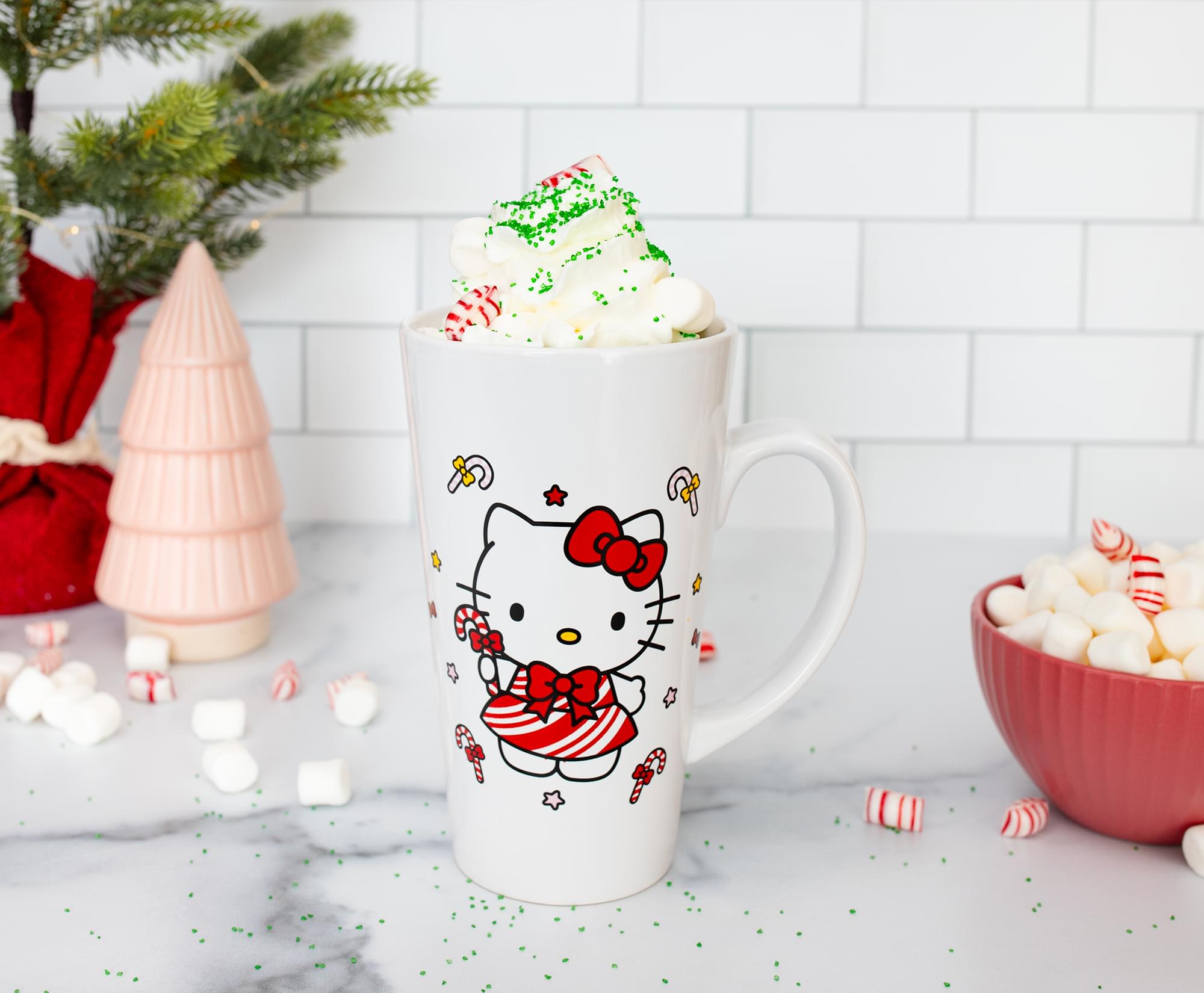 Sanrio Hello Kitty Holiday Candy Cane Ceramic Tall Latte Mug | Holds 16 Ounces