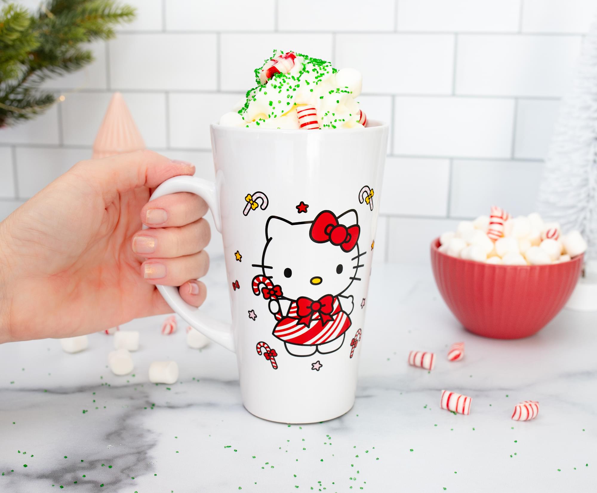 Sanrio Hello Kitty Holiday Candy Cane Ceramic Tall Latte Mug | Holds 16 Ounces